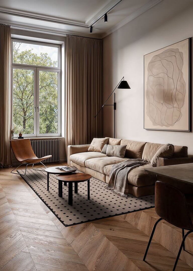Dywan nowoczesny w kwadraty Carpets & More X Magda Fornal 5019 DELTA BEIGE BLACK Classics