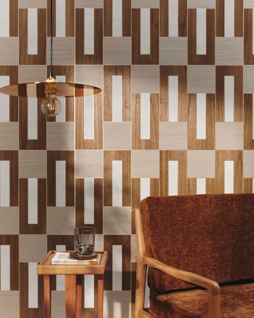 Tapeta geometryczna art-deco z forniru Omexco IM51 Elongata Imperialis