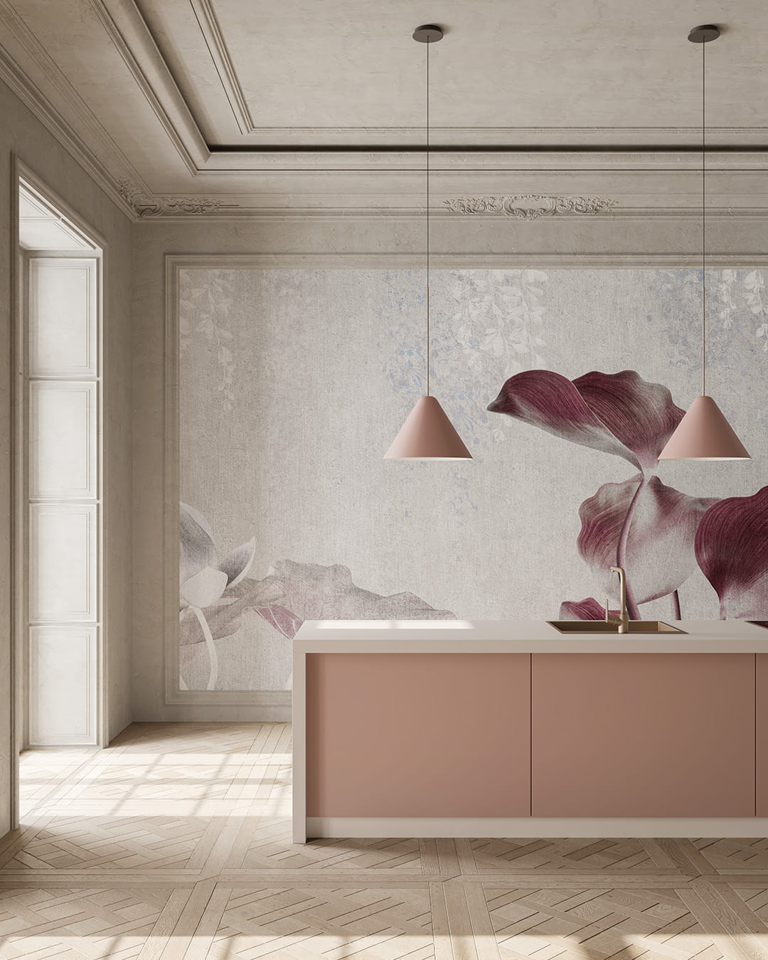 Fototapeta liście na betonowym tle Inkiostro Bianco INKAAON2301 Adorno IInediti Serie 05