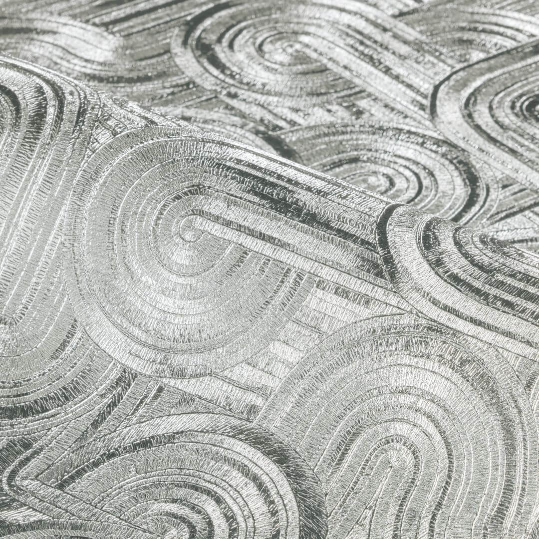 Tapeta zakrzywione linie na metalicznej folii srebrna Casamance 75101630 Dresden Ecrin