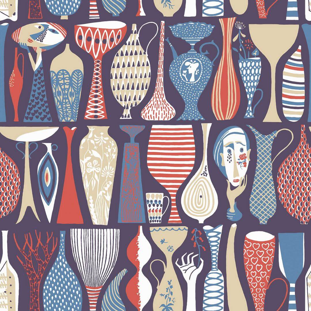 Tapeta stylizowane wazony i rzeźby Boras Tapeter 1760 Stig Lindberg Pottery Scandinavian Designers