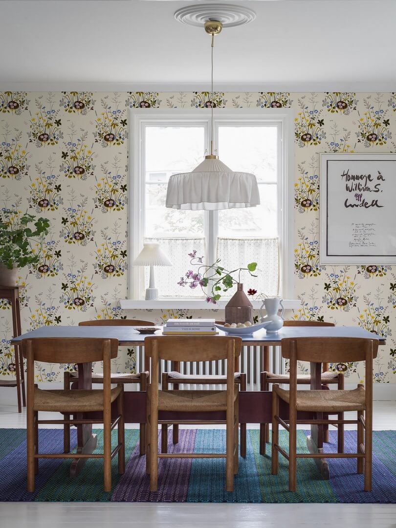Tapeta łąką i ptasie gniazda Boras Tapeter 1961 Lisbet Jobs Fågelbo Scandinavian Designers