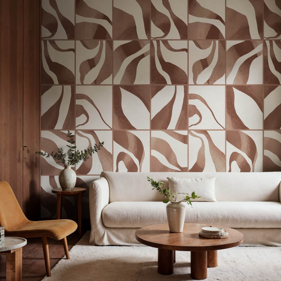 Fototapeta kwadraty z płynnymi formami Rebel Walls R21130 Floating Tiles Brown Modern Simplicity