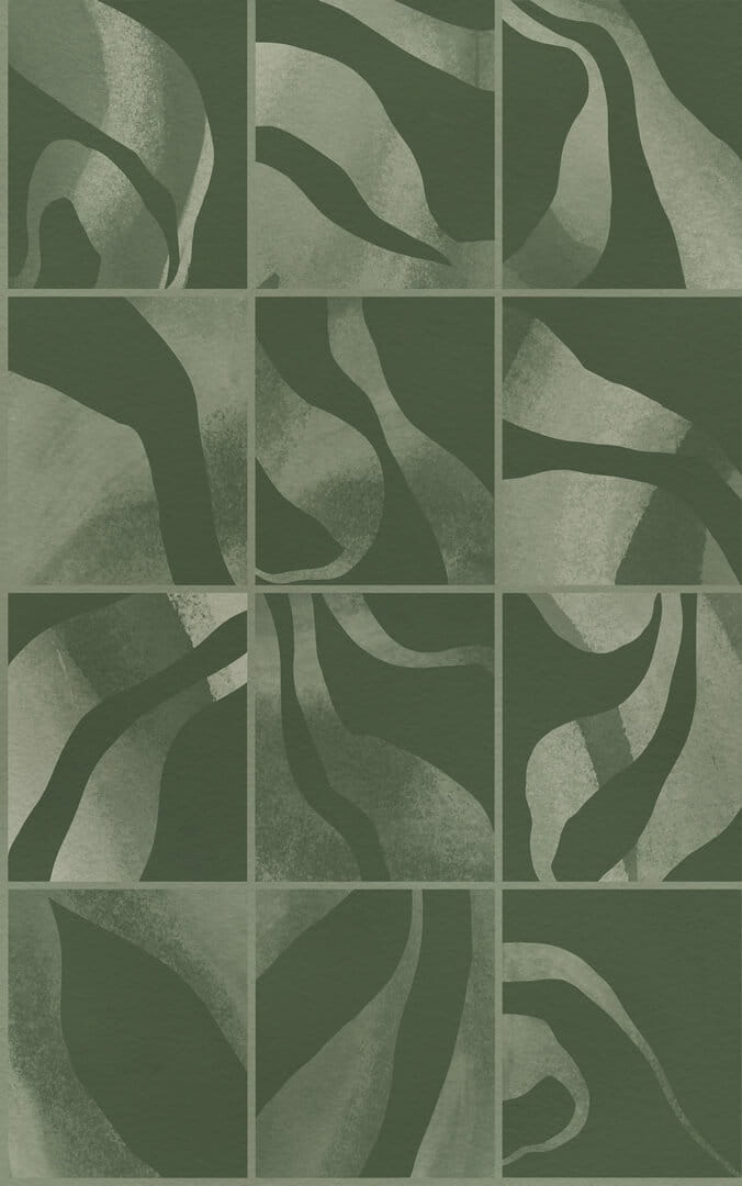 Fototapeta kwadraty z płynnymi formami Rebel Walls R21131 Floating Tiles Dark Green Modern Simplicity