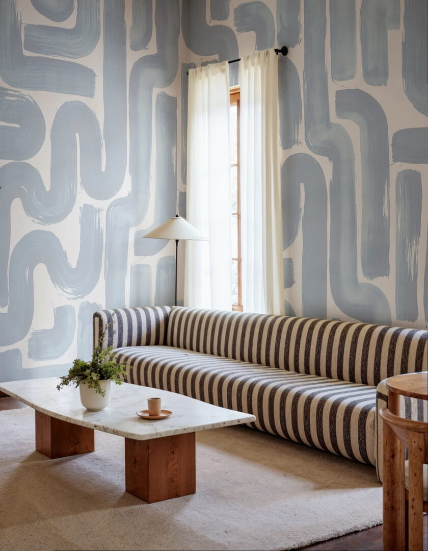 Fototapeta płynne pociągnięcia pędzla Rebel Walls R21777 Drape Brush Blue Modern Simplicity