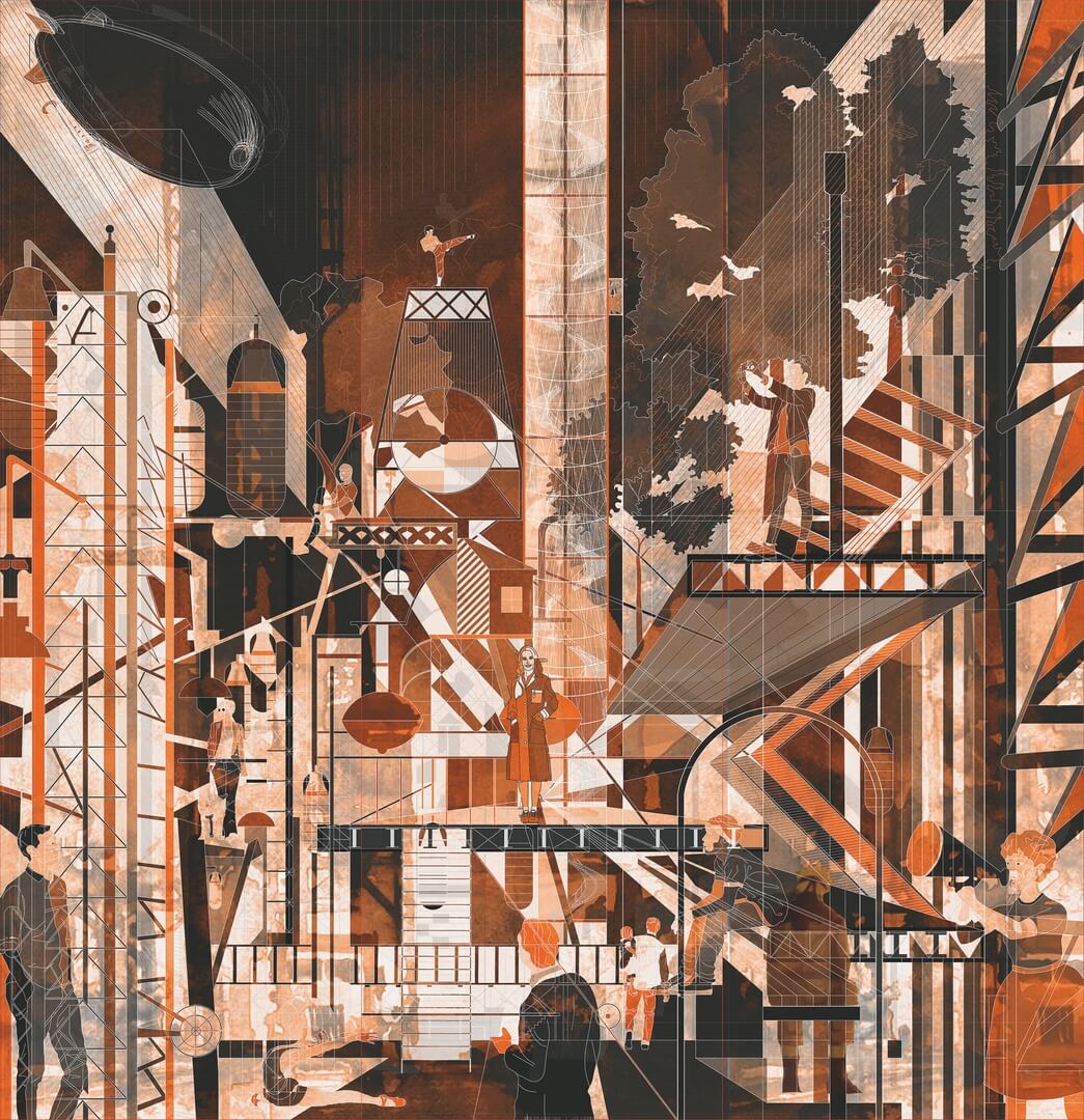 Mural dynamiczna, industrialna kompozycja Marburg 48207 Avangarde Belgrade