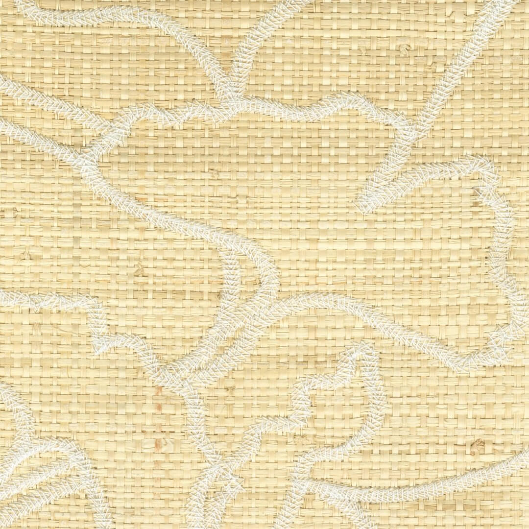 Tapeta  naturalna z włókien rafii – haftowane liście miłorzębu CMO Paris WRA 13 10 Raphia Brodé Raffia Wallcovering 4