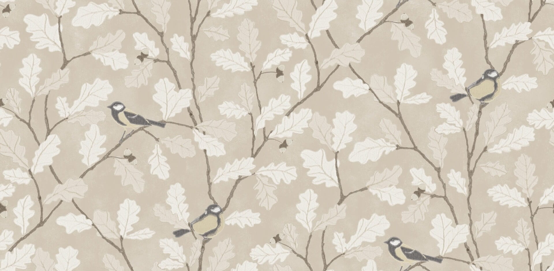 Fototapeta botaniczna - ptaki i liście dębu Sandberg S10730 Waldemar Beige Heritage