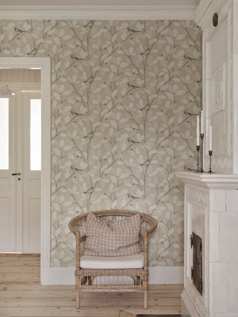 Fototapeta botaniczna - ptaki i liście dębu Sandberg S10730 Waldemar Beige Heritage