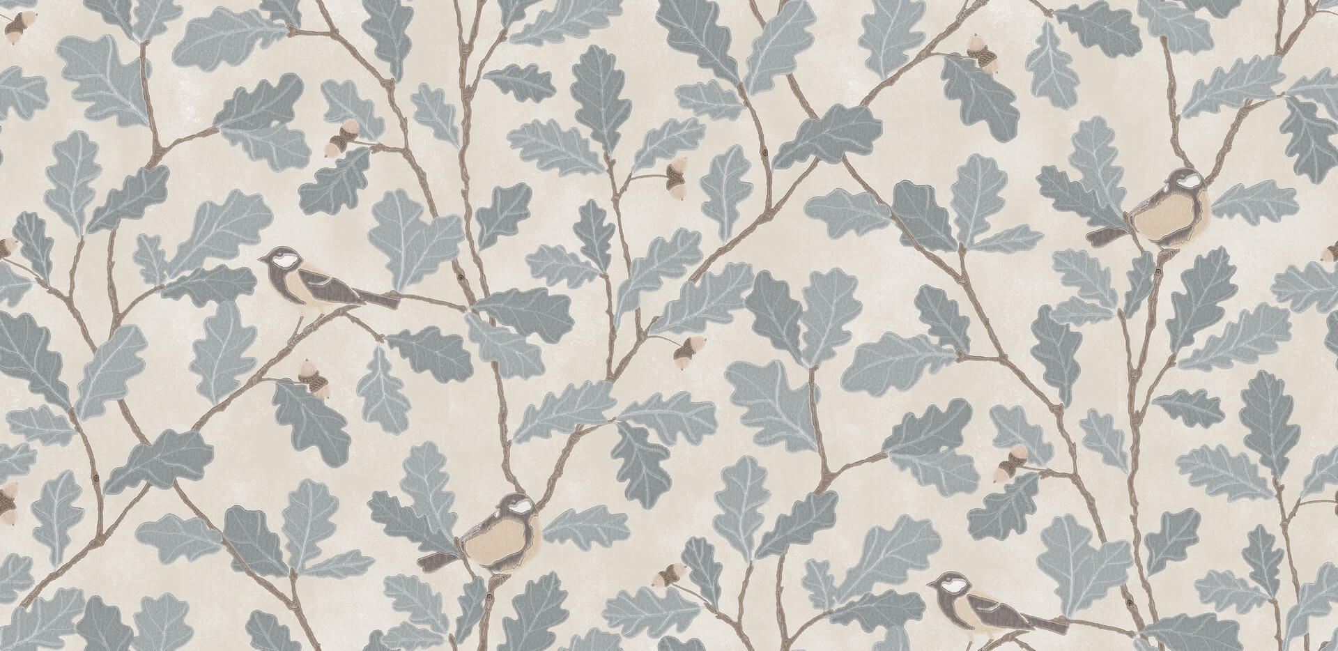 Fototapeta botaniczna - ptaki i liście dębu Sandberg S10731 Waldemar Light Blue Heritage