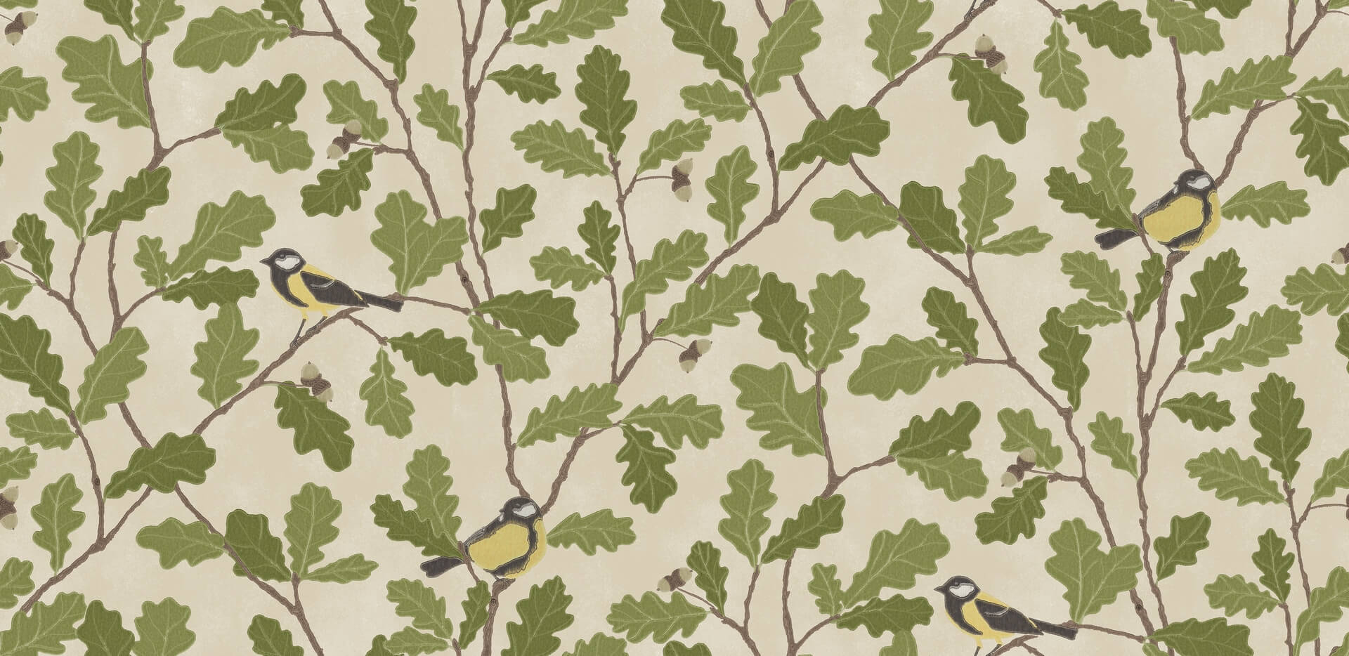 Fototapeta botaniczna - ptaki i liście dębu Sandberg S10732 Waldemar Green Heritage