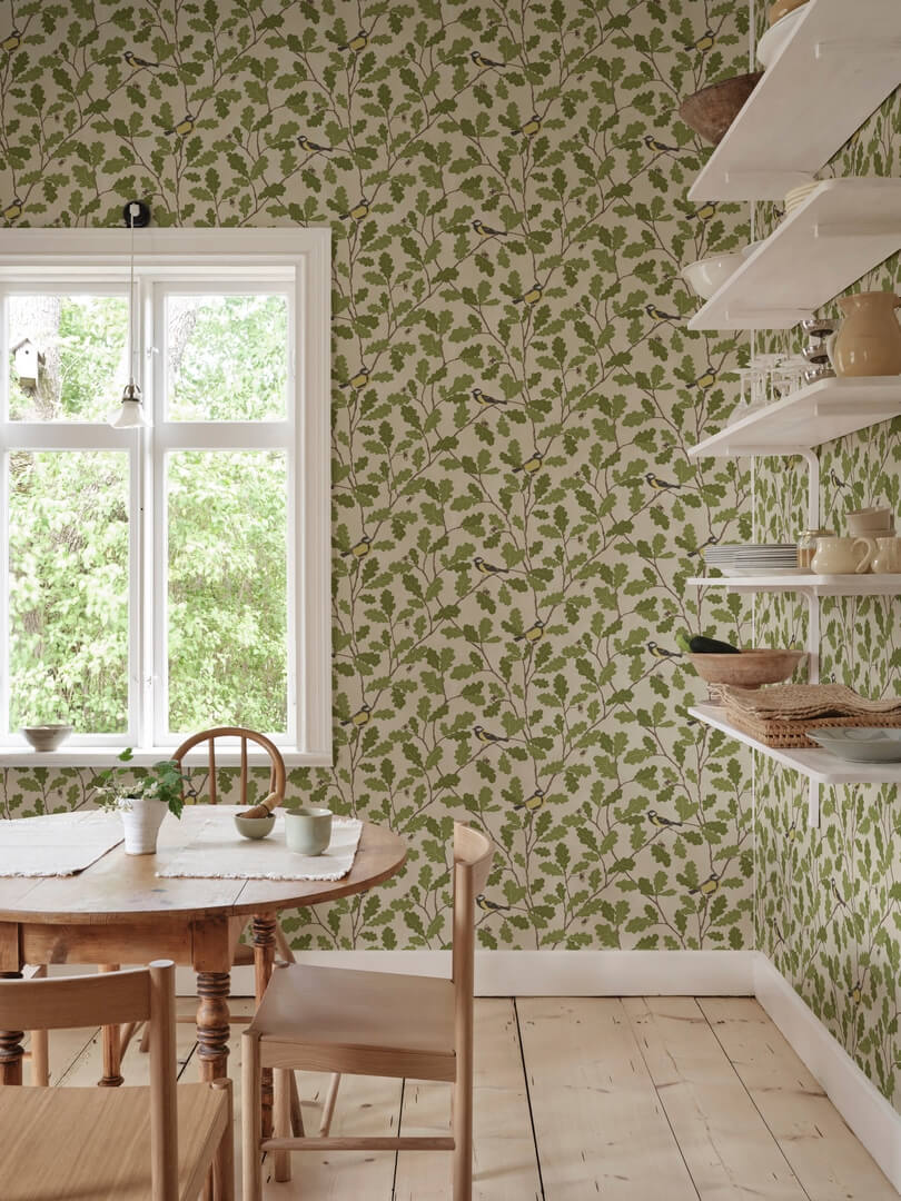 Fototapeta botaniczna - ptaki i liście dębu Sandberg S10732 Waldemar Green Heritage