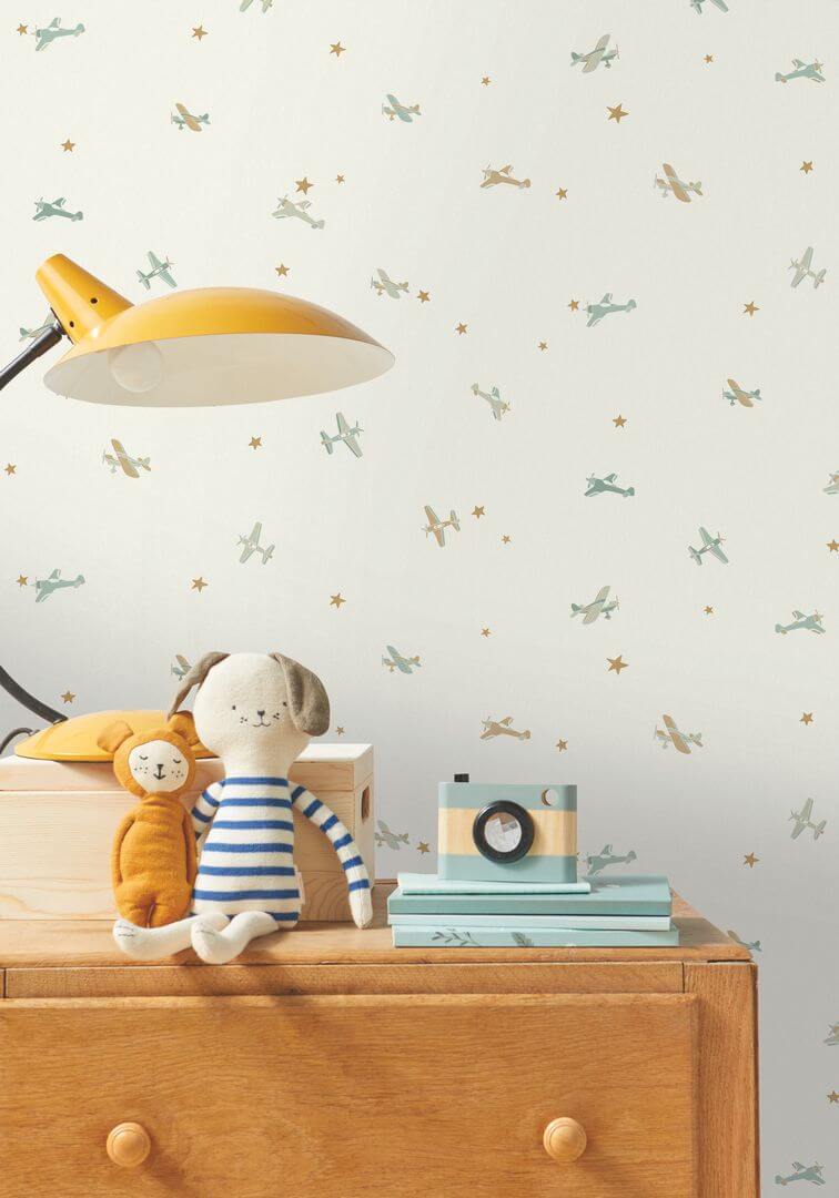 Tapeta samoloty i gwiazdki Caselio HKC 107620621 Funny Planes Happy Kids Club