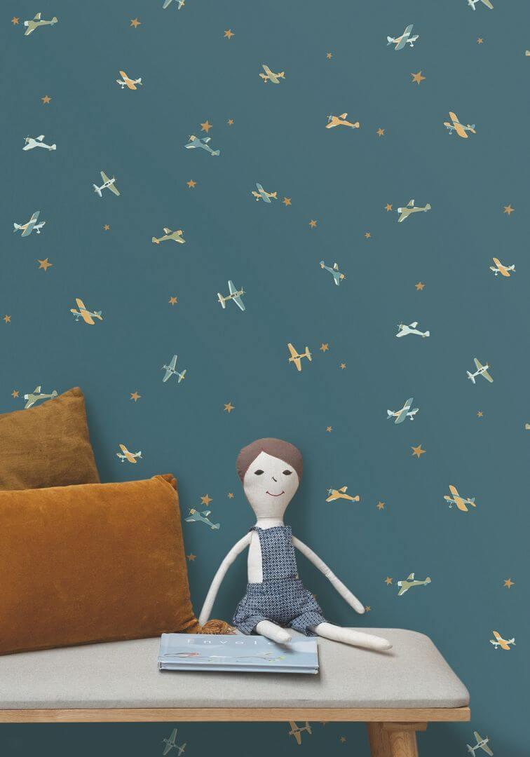 Tapeta samoloty i gwiazdki Caselio HKC 107626234 Funny Planes Happy Kids Club  – tapeta fluorescencyjna