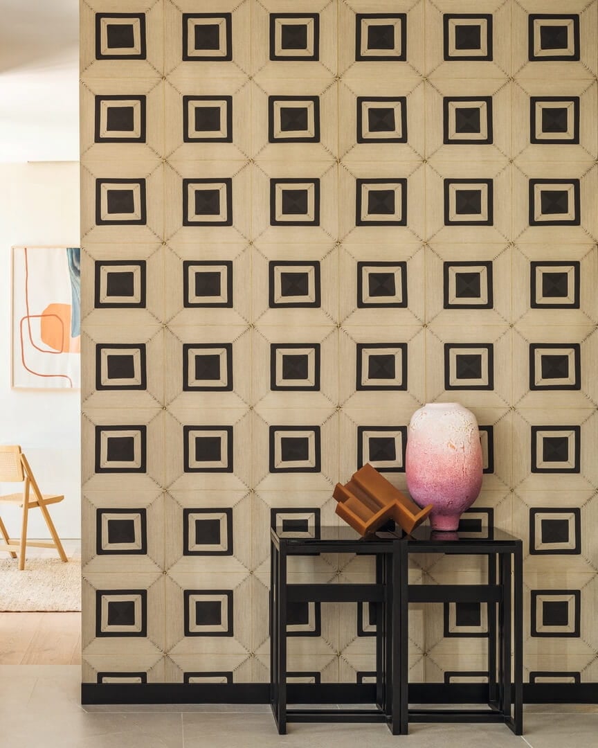 ! PROMO ! Tapeta geometryczna kwadraty ze strukturą sznurka Elitis VP 996 01 Carrés Jalonnés Cordes Sensibles x Véronique de Soultrait - na stanie 2 rolki