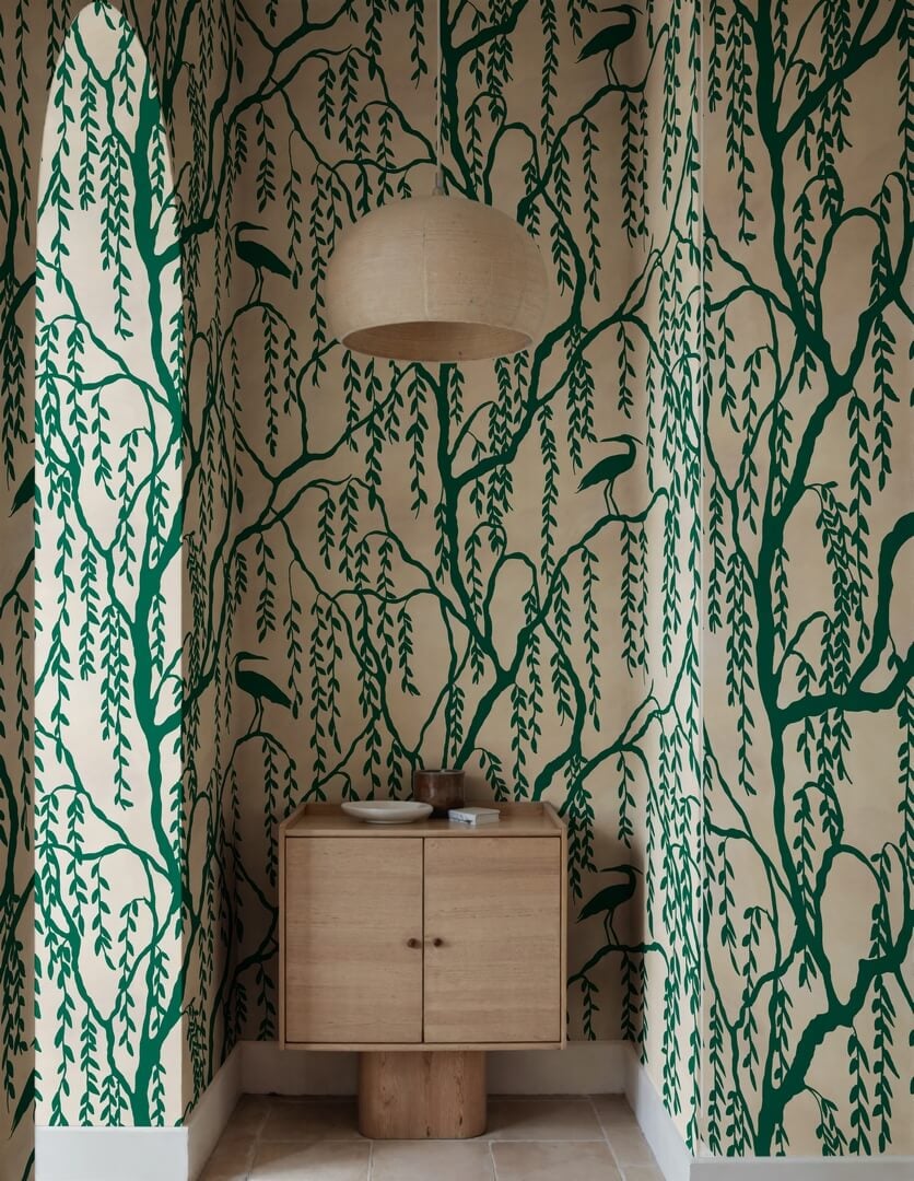 Fototapeta botaniczna - żurawie i drzewa Rebel Walls R21306 Droptree Peach Sophisticated Luxe