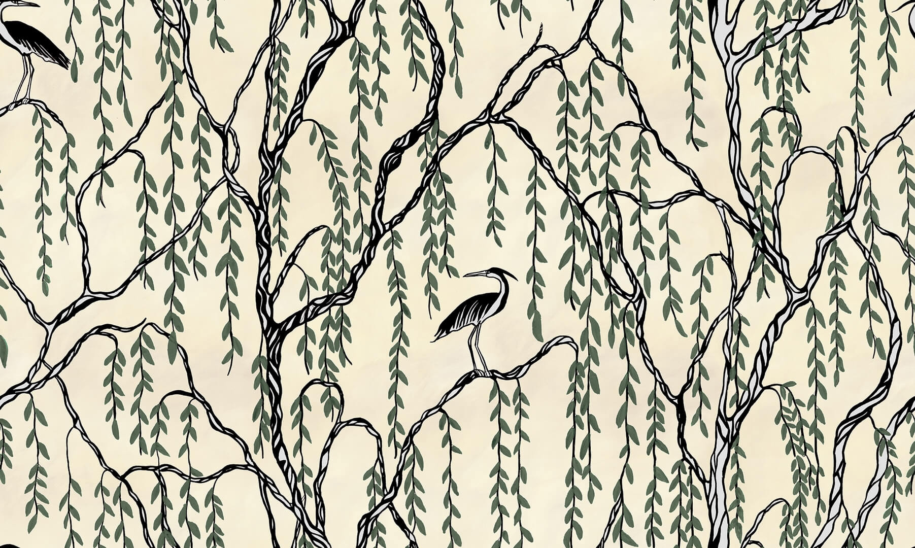 Fototapeta botaniczna - żurawie i drzewa Rebel Walls R21307 Droptree Green Sophisticated Luxe