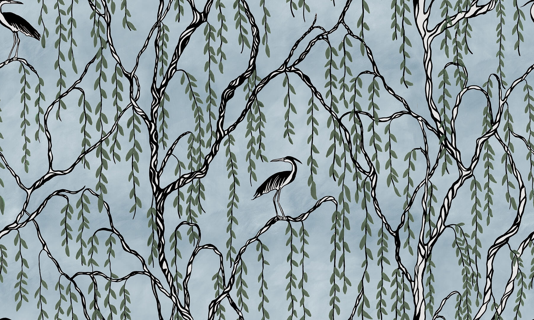 Fototapeta botaniczna - żurawie i drzewa Rebel Walls R21308 Droptree Blue Sophisticated Luxe