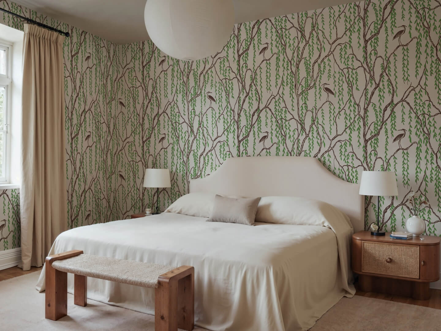 Fototapeta botaniczna - żurawie i drzewa Rebel Walls R21309 Droptree Beige Sophisticated Luxe