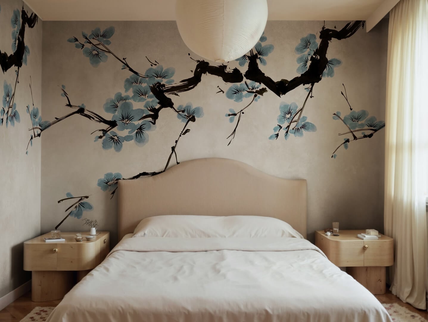 Fototapeta gałęzie kwitnącej wiśni Rebel Walls R21313 Blush of Spring Light Blue Sophisticated Luxe