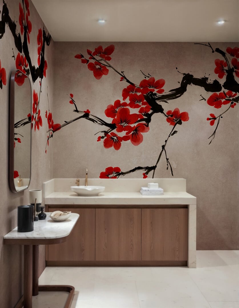 Fototapeta gałęzie kwitnącej wiśni Rebel Walls R21317 Blush of Spring Red Sophisticated Luxe