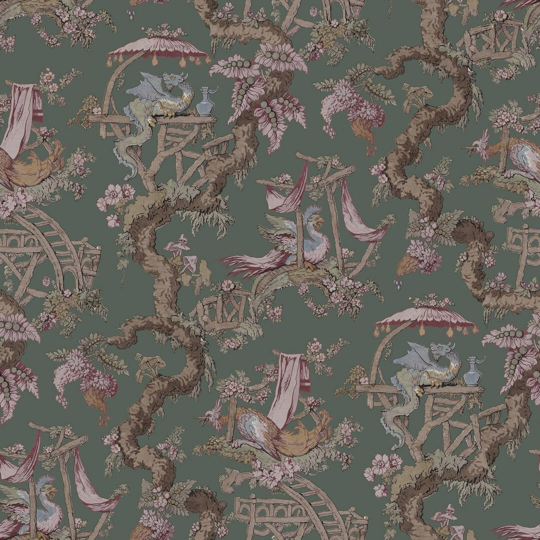 Fototapeta smoki na drzewach Rebel Walls R21324 Dragon Tree Bloom Green Sophisticated Luxe