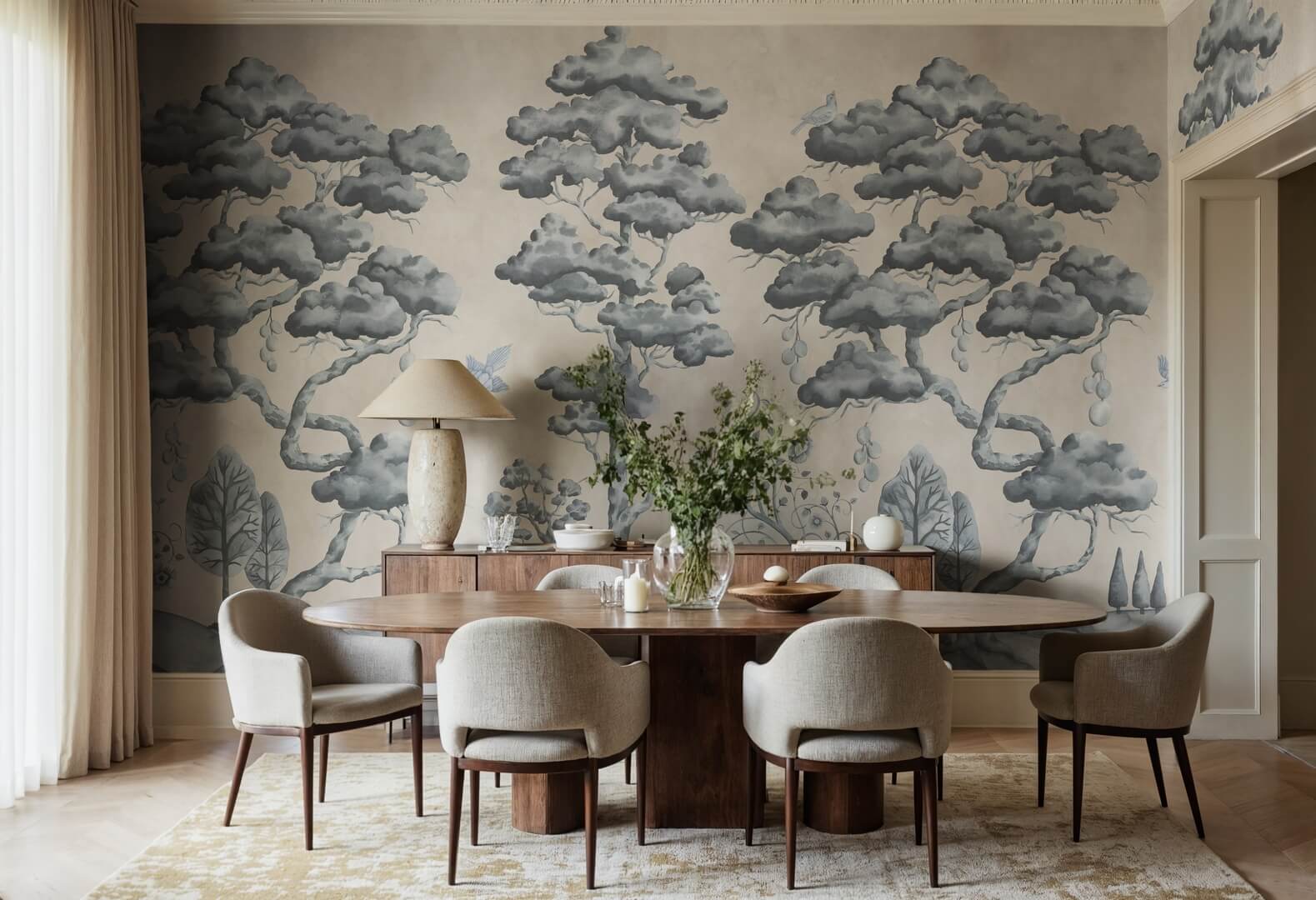 Fototapeta drzewa i ptaki Rebel Walls R21337 Forest Poem Blue Sophisticated Luxe