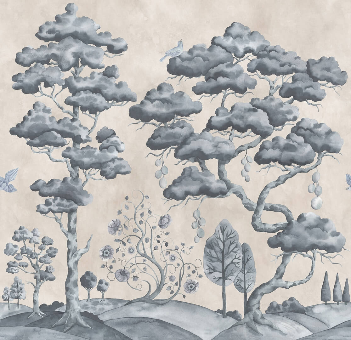 Fototapeta drzewa i ptaki Rebel Walls R21337 Forest Poem Blue Sophisticated Luxe