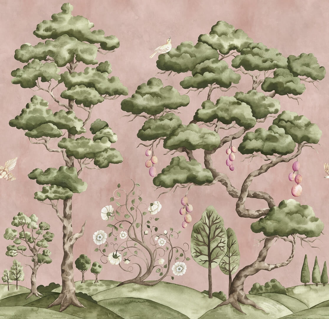 Fototapeta drzewa i ptaki Rebel Walls R21339 Forest Poem Pink Sophisticated Luxe