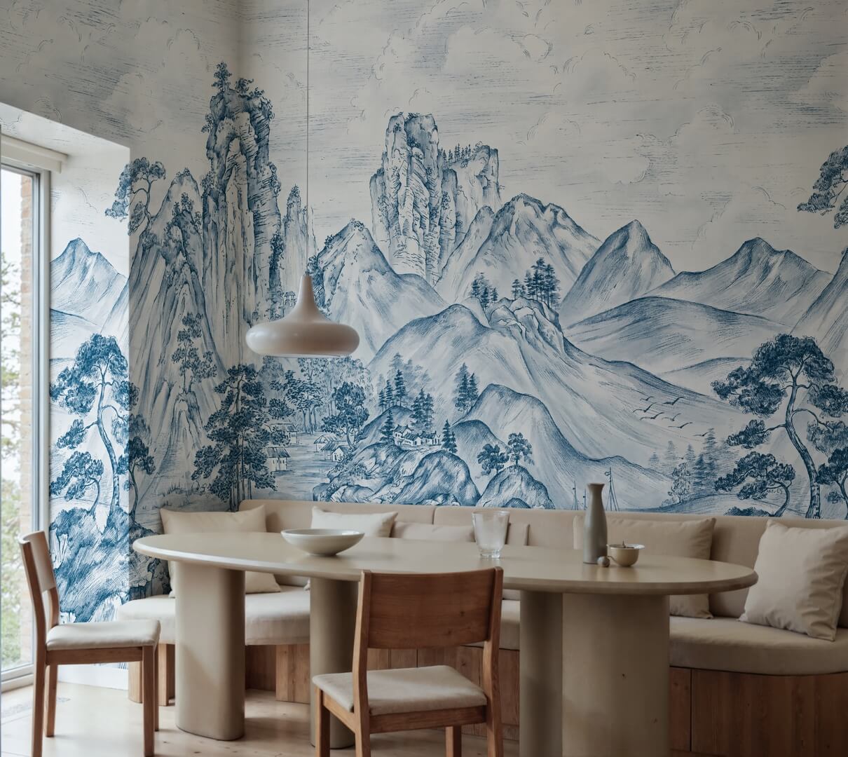 Fototapeta krajobraz gór i sosen Rebel Walls R21987 Timeless Pines Blue Sophisticated Luxe