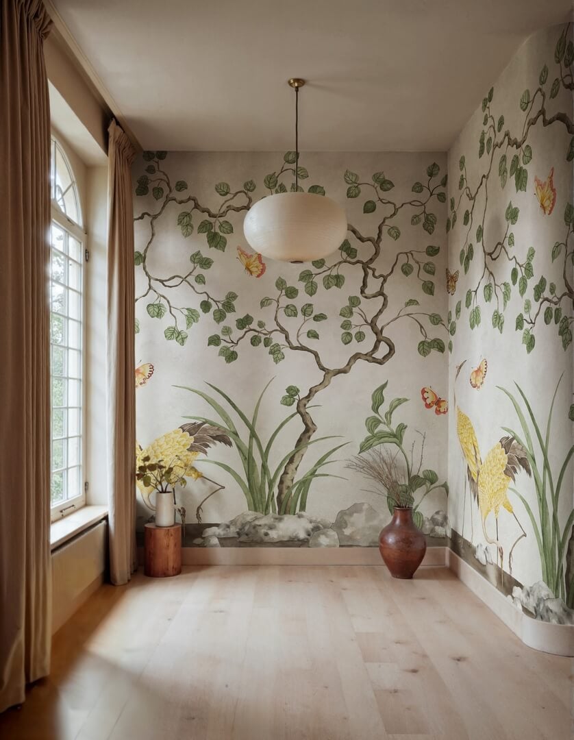 Fototapeta żurawie w scenerii ogrodowej Rebel Walls R21994 Where Cranes Dream Beige Sophisticated Luxe