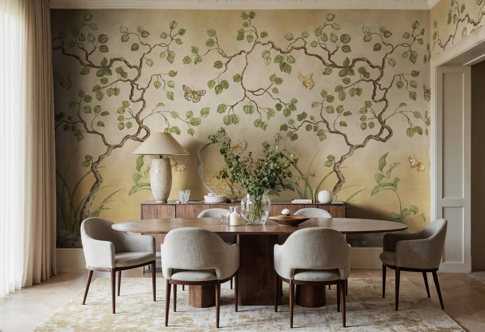 Fototapeta żurawie w scenerii ogrodowej Rebel Walls R21995 Where Cranes Dream Yellow Sophisticated Luxe