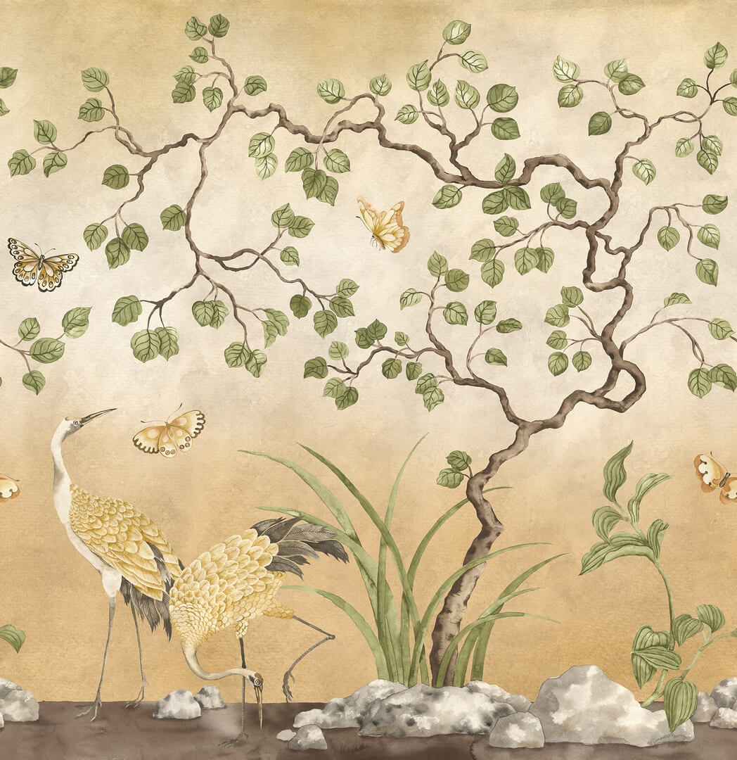 Fototapeta żurawie w scenerii ogrodowej Rebel Walls R21995 Where Cranes Dream Yellow Sophisticated Luxe