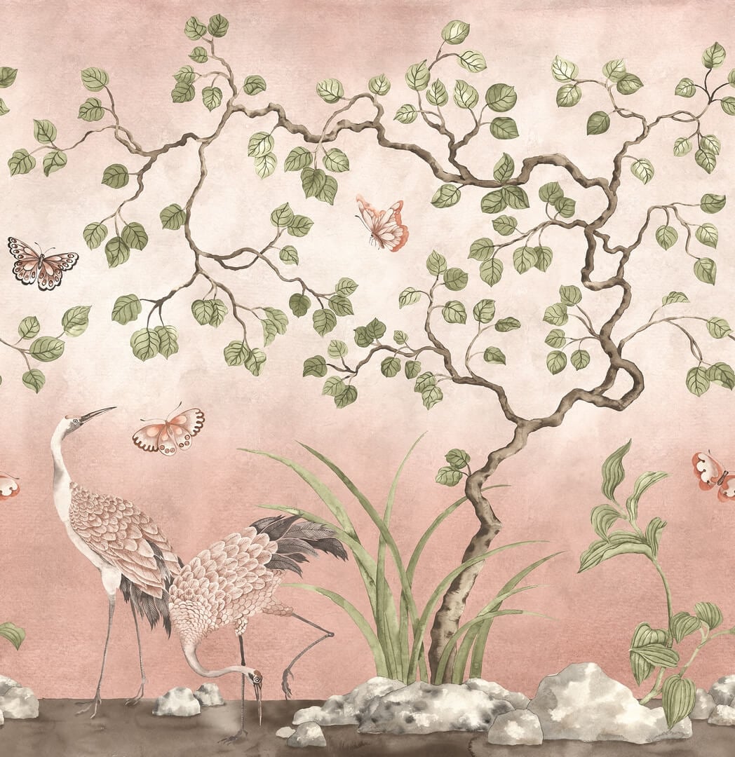 Fototapeta żurawie w scenerii ogrodowej Rebel Walls R21996 Where Cranes Dream Pink Sophisticated Luxe