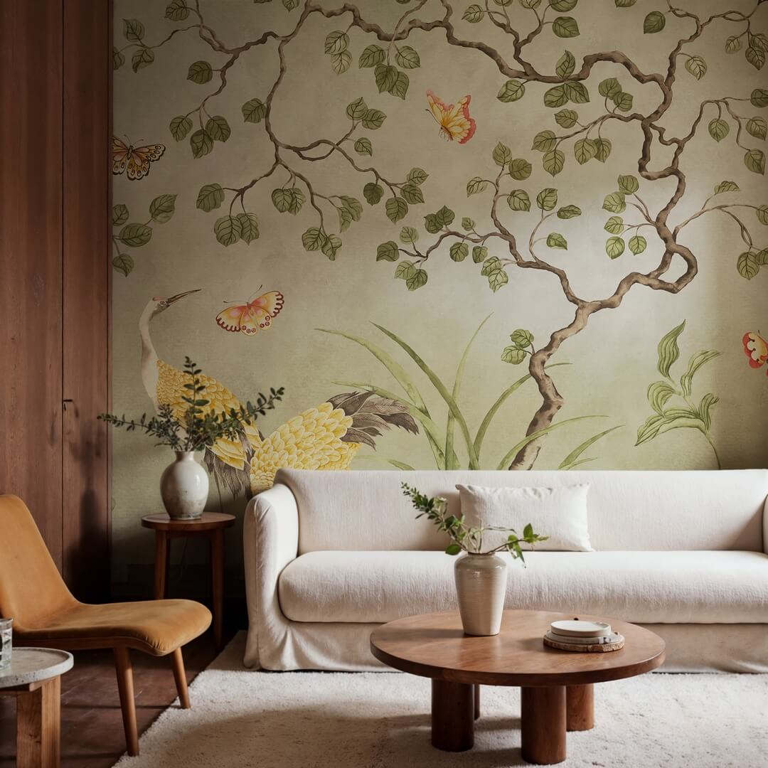 Fototapeta żurawie w scenerii ogrodowej Rebel Walls R21997 Where Cranes Dream Green Sophisticated Luxe