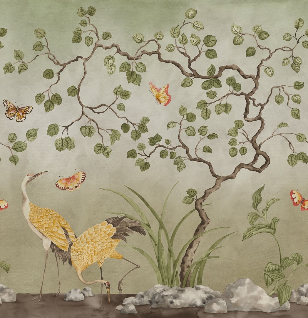 Fototapeta żurawie w scenerii ogrodowej Rebel Walls R21997 Where Cranes Dream Green Sophisticated Luxe