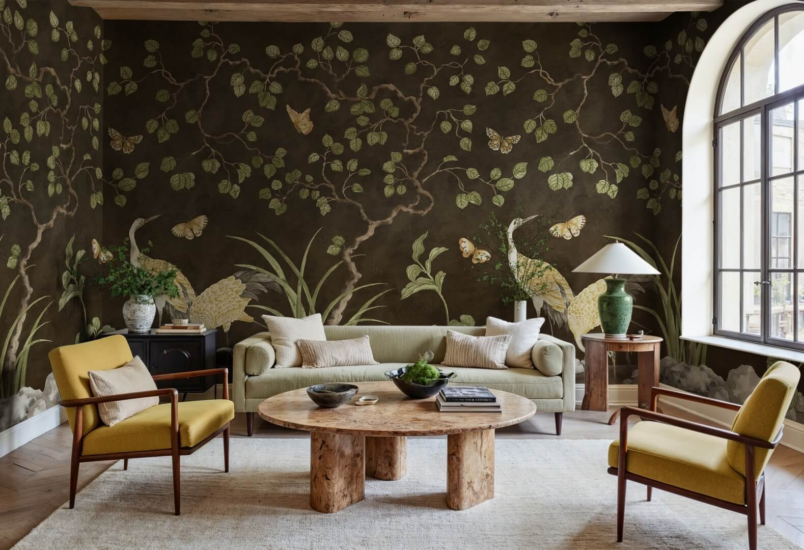 Fototapeta żurawie w scenerii ogrodowej Rebel Walls R21998 Where Cranes Dream Black Sophisticated Luxe