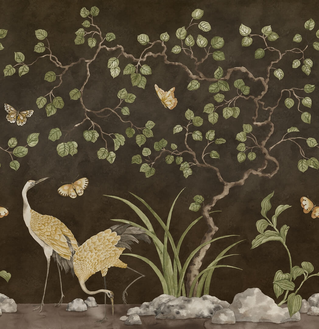 Fototapeta żurawie w scenerii ogrodowej Rebel Walls R21998 Where Cranes Dream Black Sophisticated Luxe