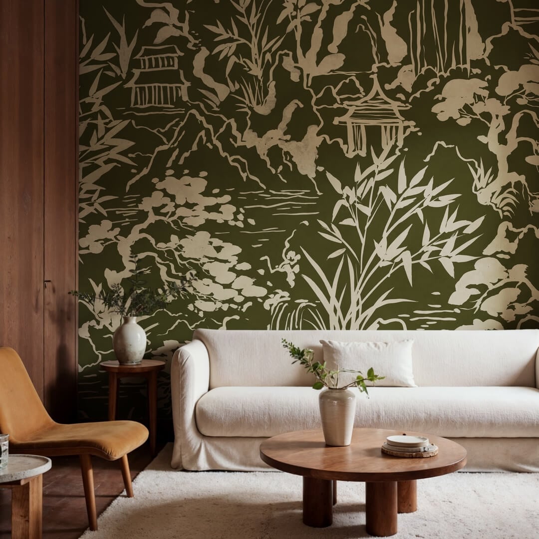 Fototapeta krajobraz inspirowany Azją Rebel Walls R22006 Ink Horizon Green Sophisticated Luxe