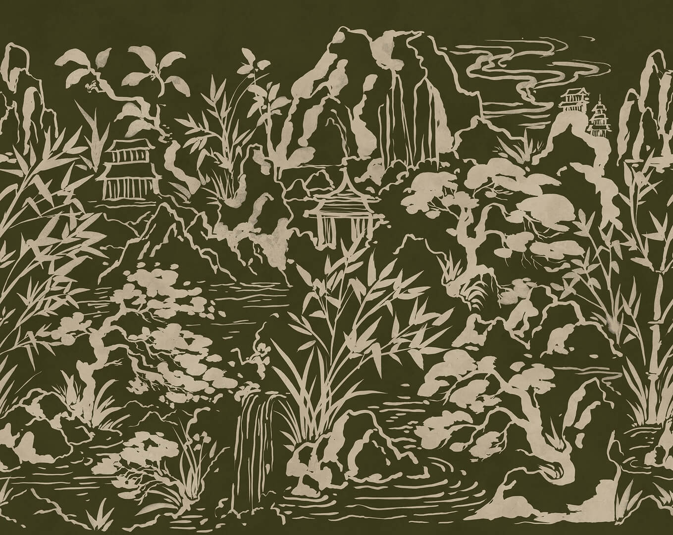 Fototapeta krajobraz inspirowany Azją Rebel Walls R22006 Ink Horizon Green Sophisticated Luxe