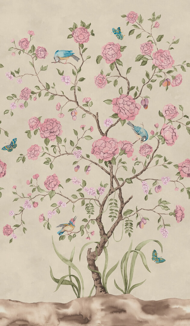 Fototapeta botaniczna w stylu chinoiserie Rebel Walls R21650 Chinoiserie Botanica Pink Botanical Gardens