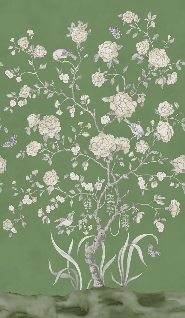 Fototapeta botaniczna w stylu chinoiserie Rebel Walls R21652 Chinoiserie Botanica Green Botanical Gardens