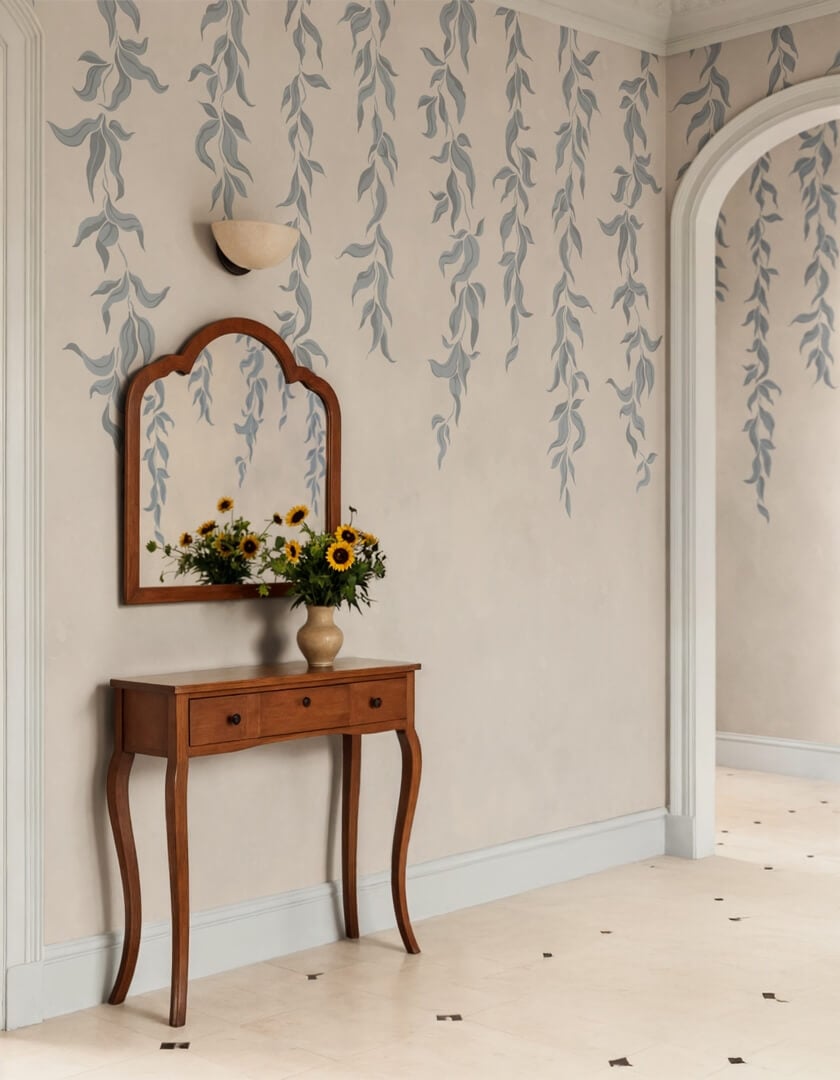 Fototapeta opadające pnącza Rebel Walls R21657 Hanging Leaves Blue Botanical Gardens
