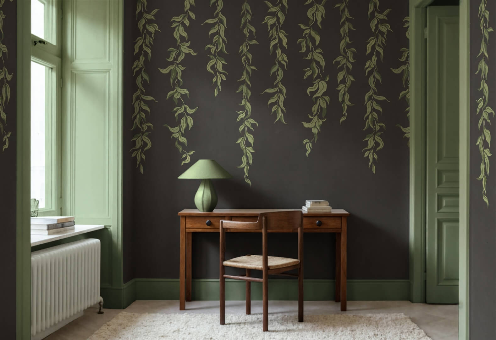 Fototapeta opadające pnącza Rebel Walls R21660 Hanging Leaves Graphite Botanical Gardens