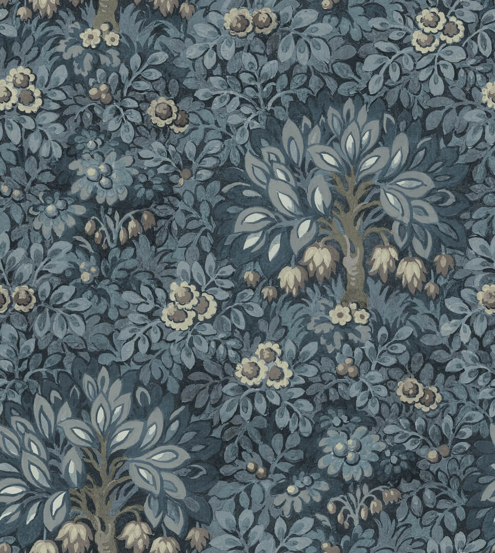 Fototapeta z bujnym listowiem i kwiatami Rebel Walls R21676 Flower Tree Blue Botanical Gardens