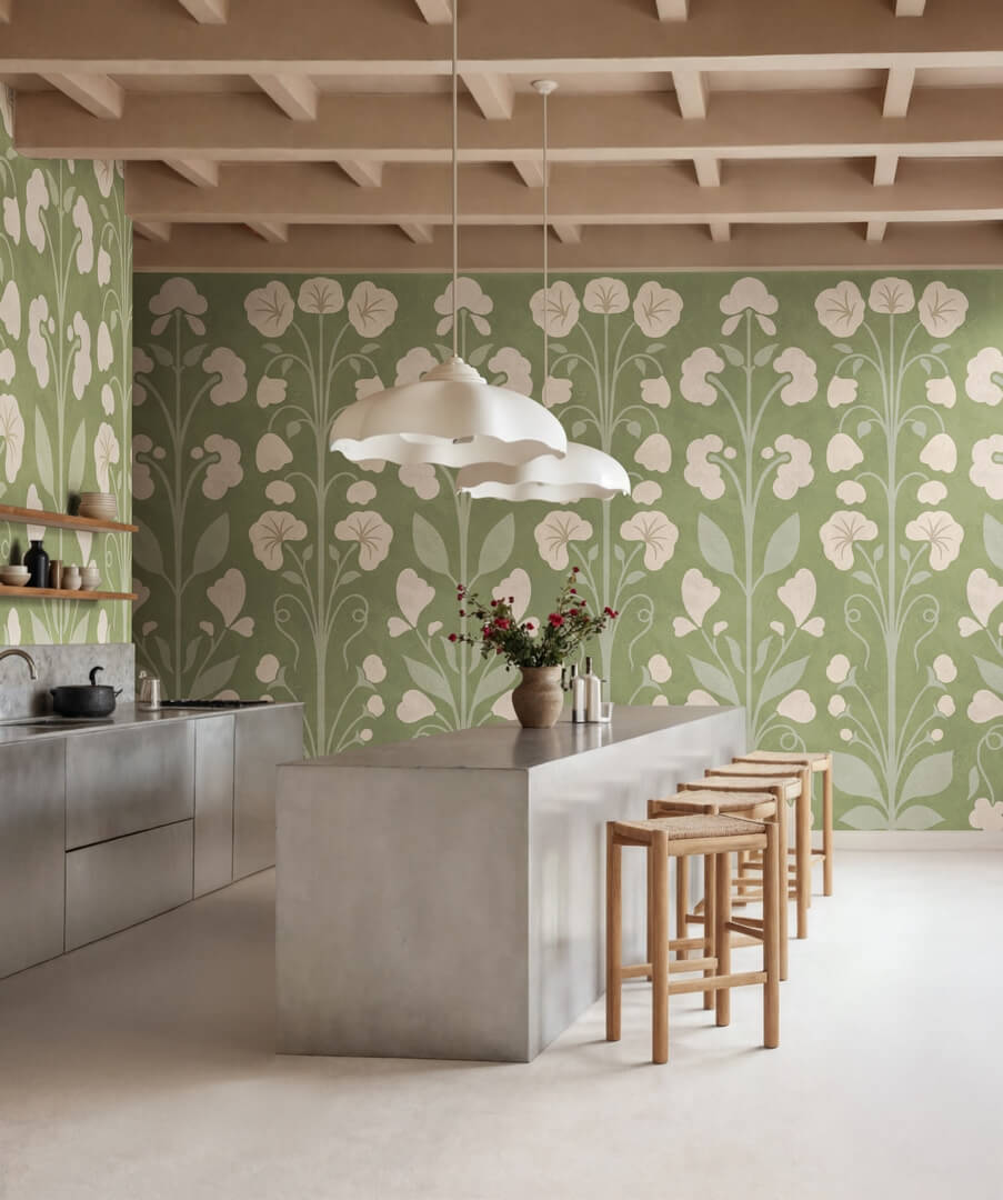 Fototapeta kwiaty retro Rebel Walls R22079 Folk Flower Green Botanical Gardens
