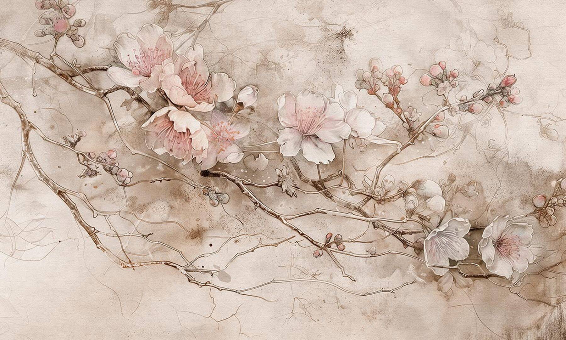 Fototapeta gałązki kwitnącej wiśni Sakura Beige Wall Art